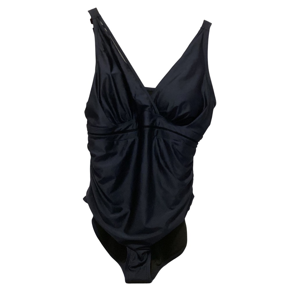 Bloomchic One Piece Swimsuit Women 18-20 Navy Blue Ruched Mesh Trim Surplice